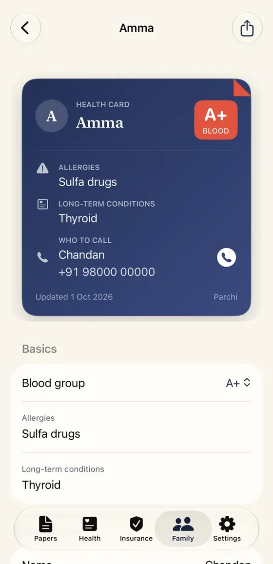 Health card: Blood group, allergies and who to call, as one page to show a doctor.