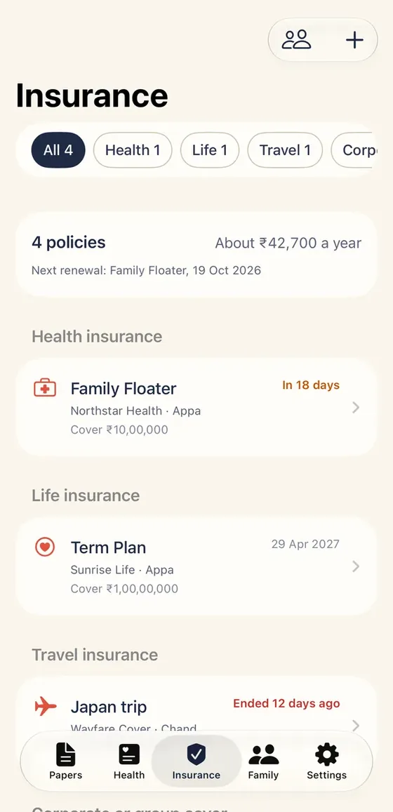 Insurance: Health, life, travel and corporate policies, with the next renewal.