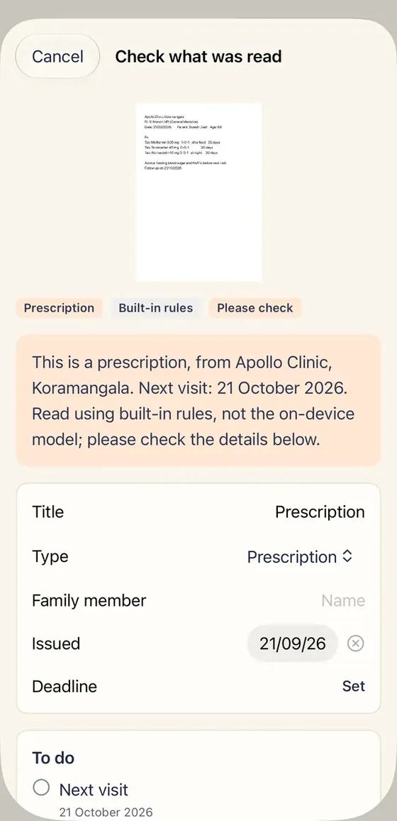 Check what was read: Dates, clinic and medicines sit next to the photo. Correct anything before saving.