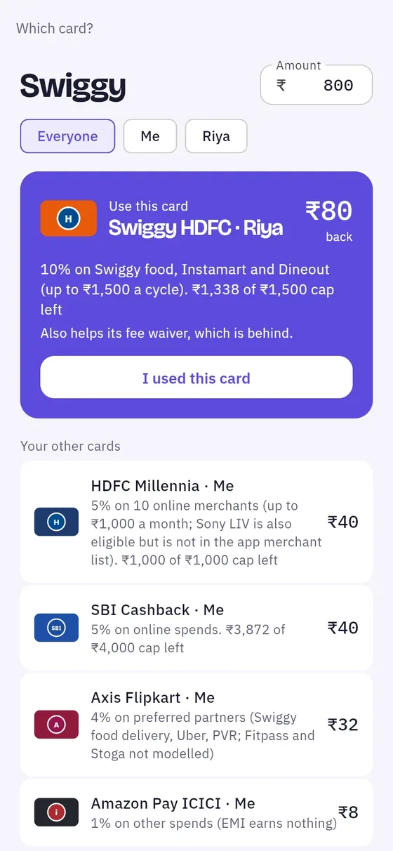 Saifu answering which card to use for an 800 rupee Swiggy order