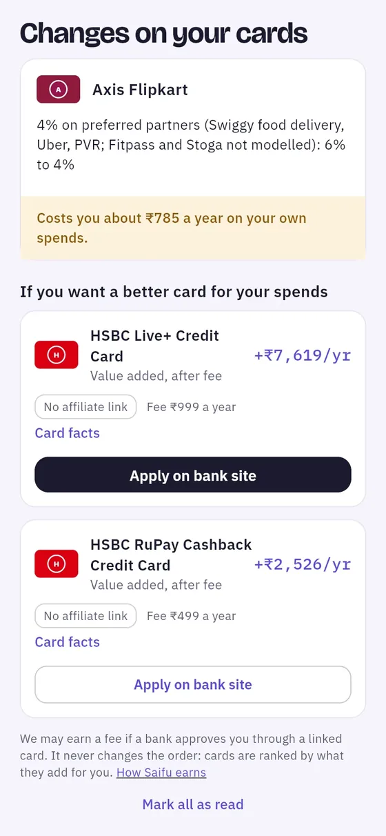Card changes: What a bank's rule change costs you a year, and cards that would suit your spends better.