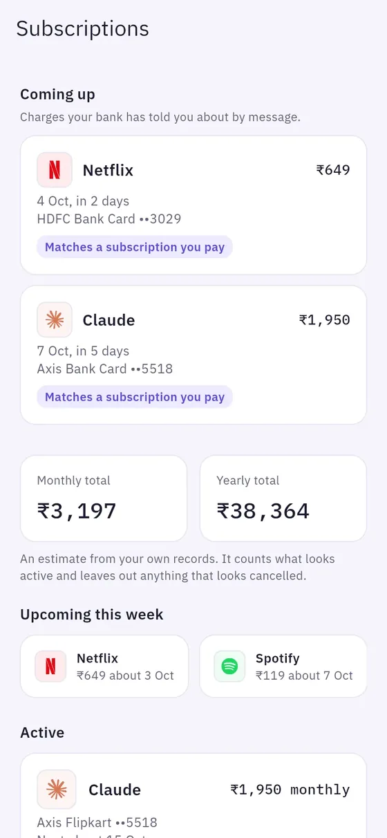 Subscriptions: Charges coming up, matched to your cards, with the monthly and yearly total.