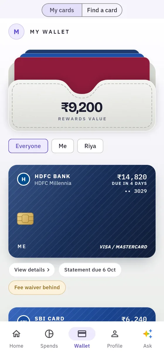 Wallet: Your cards, their rewards value and whether each fee waiver is on track.
