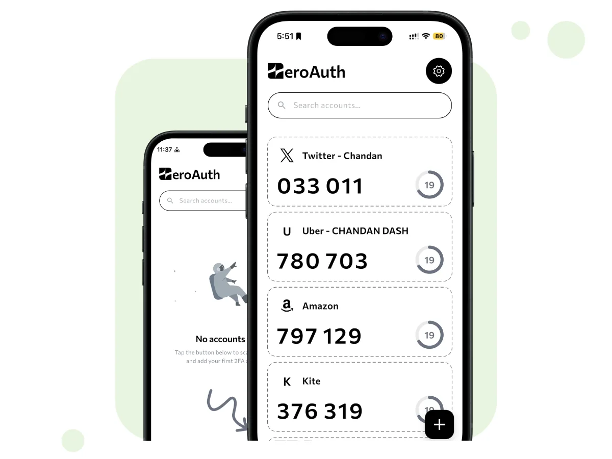 Two iPhones showing the ZeroAuth code list with live six-digit codes