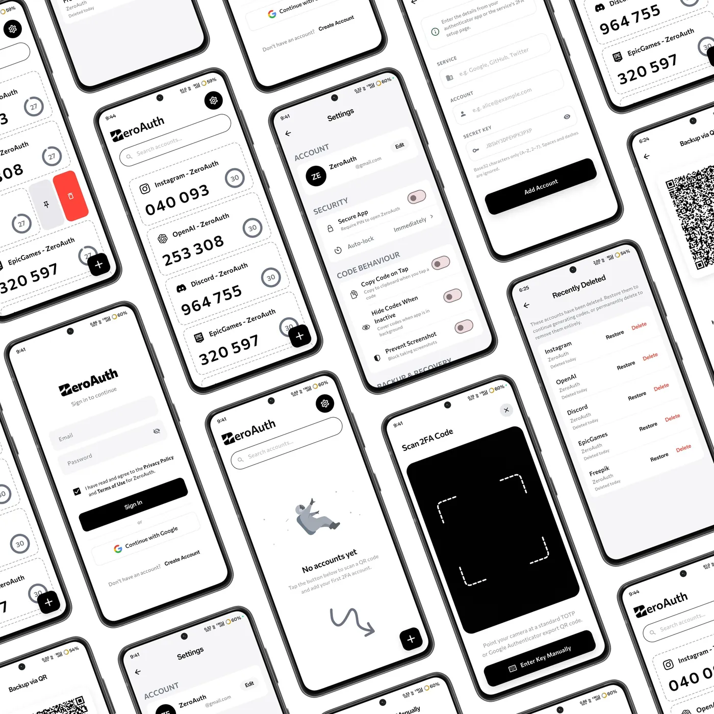 A grid of ZeroAuth screens: the code list, scanner, security settings and empty vault